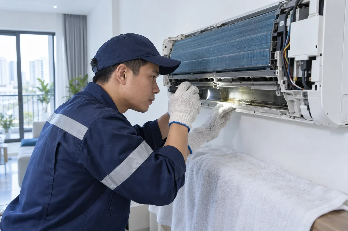 Tháo mặt nạ dàn lạnh kiểm tra máng nước bị tắc gây chảy nước