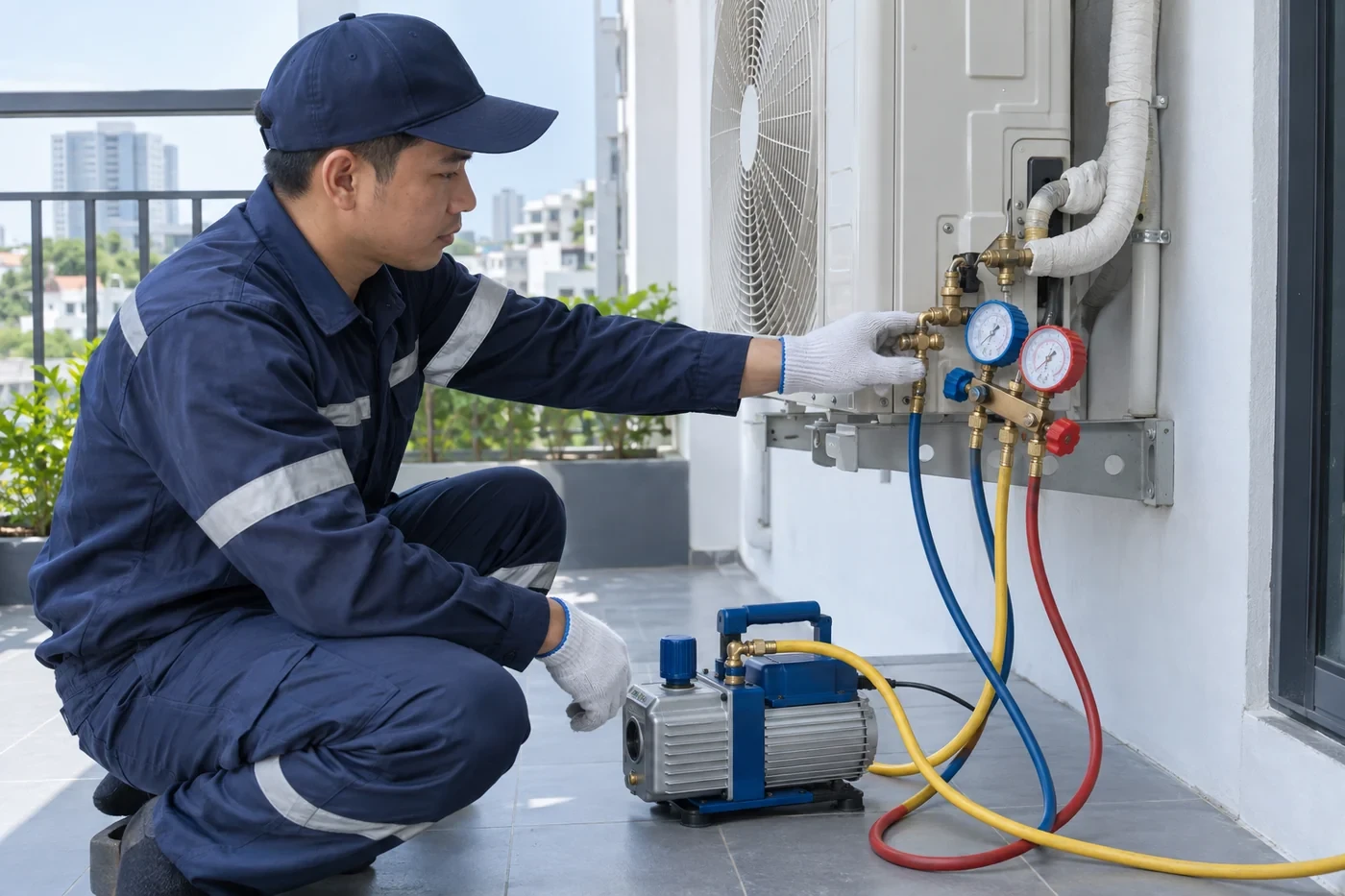 Hút chân không đường ống máy lạnh bằng máy bơm và đồng hồ đo áp suất