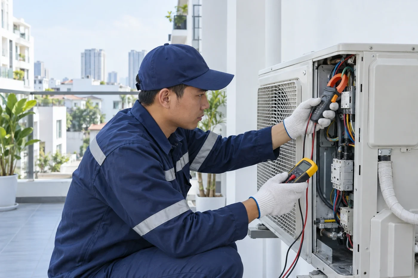 Dùng ampe kìm đo dòng điện dàn nóng khi kiểm tra máy lạnh