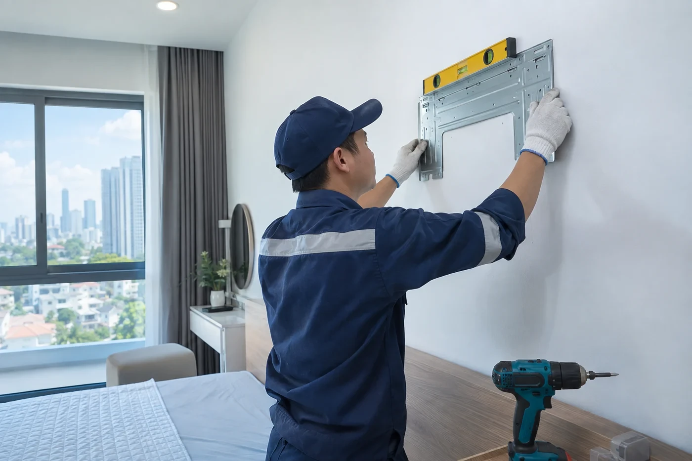 Cân bằng giá đỡ dàn lạnh bằng thước thuỷ trước khi treo máy
