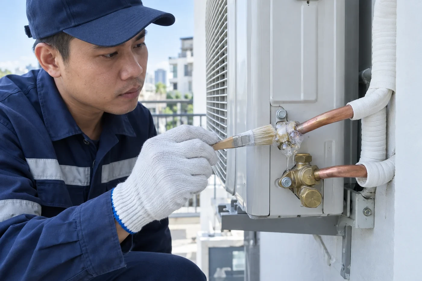 Dò rò rỉ gas bằng bọt xà phòng tại rắc co ống đồng