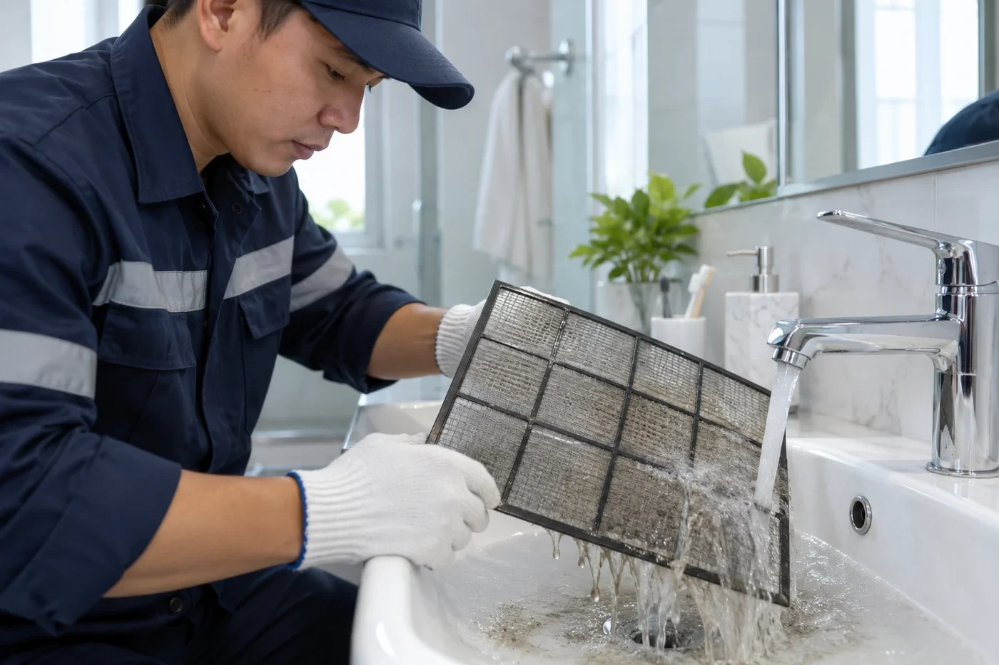 Rửa lưới lọc bụi của máy lạnh dưới vòi nước