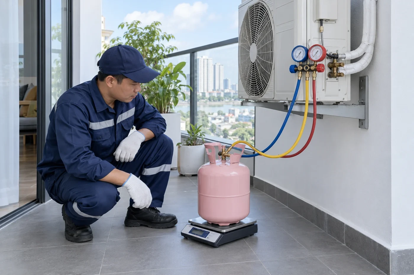 Nạp gas theo khối lượng bằng cân điện tử đặt dưới bình gas