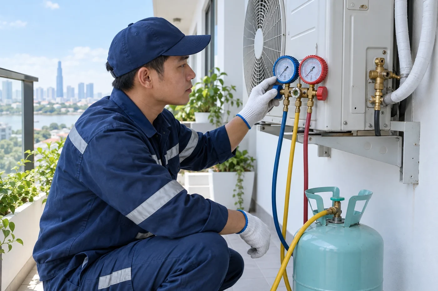 Đo áp suất gas máy lạnh bằng bộ đồng hồ nối vào van dàn nóng