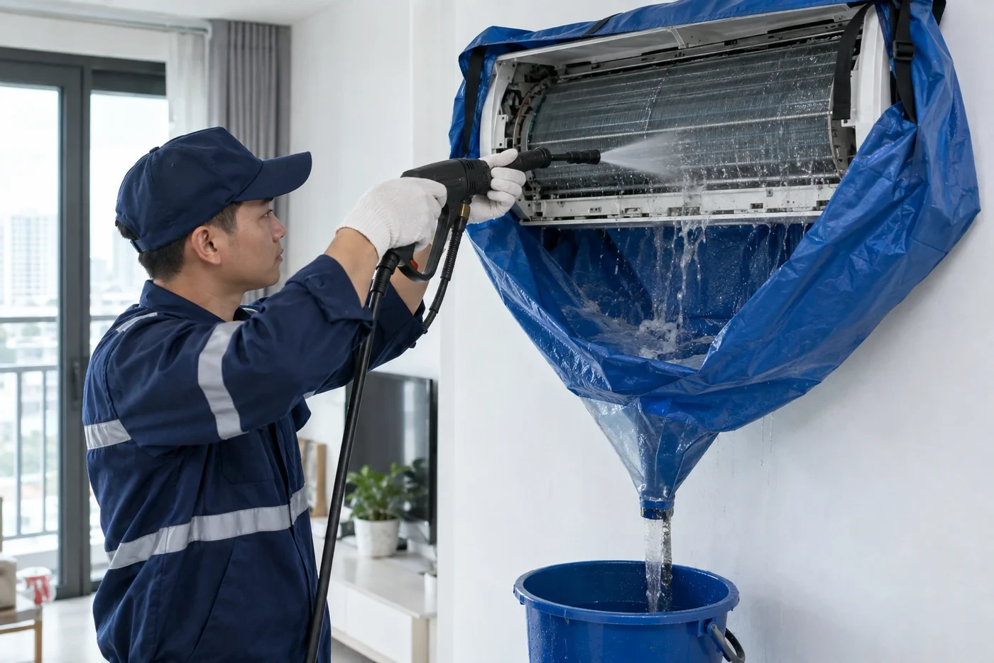 Xịt rửa dàn lạnh bằng máy áp lực với áo trùm hứng nước