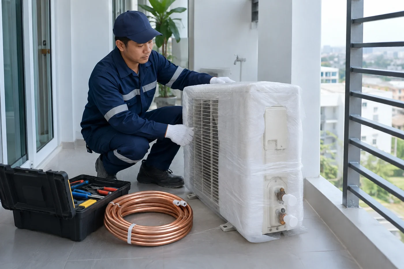 Dàn nóng đã tháo được bọc xốp, bịt đầu ống, dựng đứng chờ vận chuyển