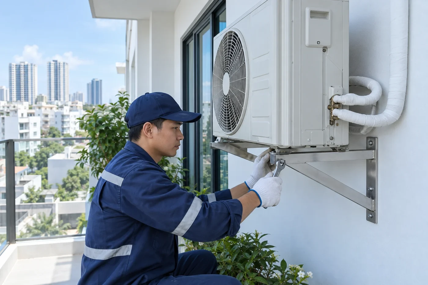 Lắp dàn nóng máy lạnh lên giá đỡ inox ngoài ban công
