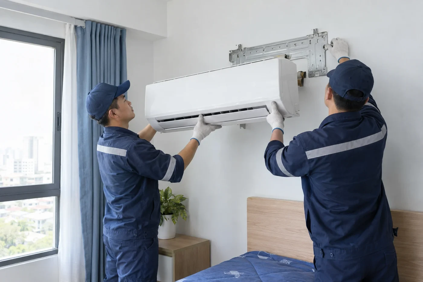 Kỹ thuật viên tháo dàn lạnh máy lạnh xuống khỏi tường khi di dời