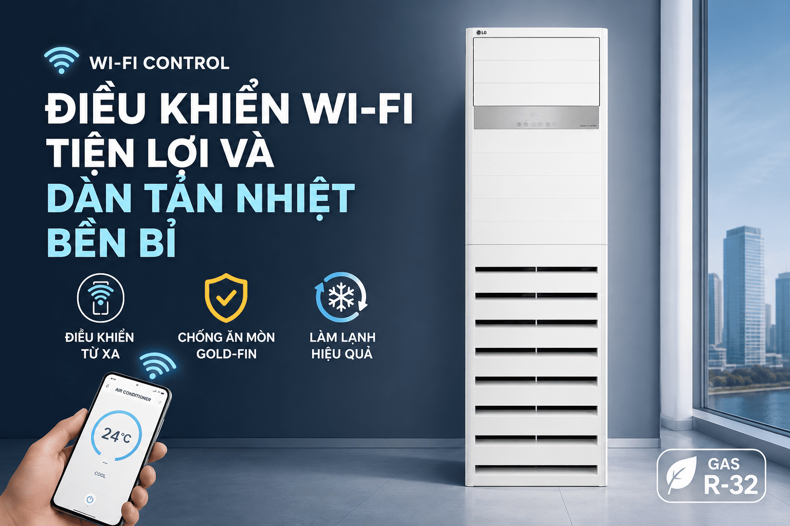 LG Inverter 3 HP ZPNQ30GT3A1 floor-standing air conditioner - Convenient Wi-Fi control and durable heat exchanger