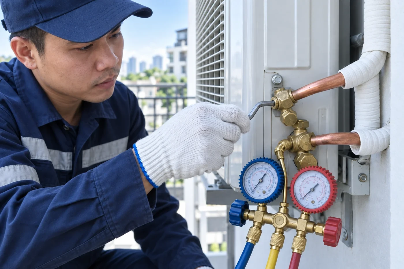 Khoá van dịch vụ dàn nóng để thu hồi gas trước khi tháo máy